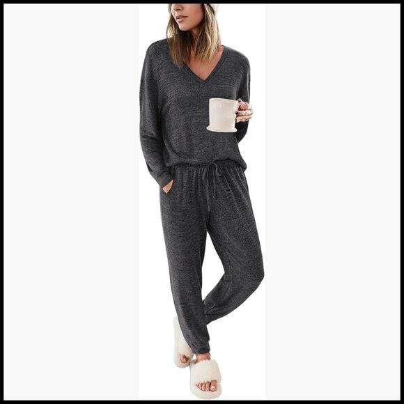 Premium Knit Fabric Jogger Pajama Set with Pockets Long Sleeve Lounge Wear